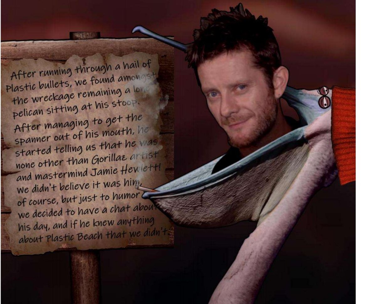 Collage of Jamie Hewlett as a pelican beside a hand-lettered sign
